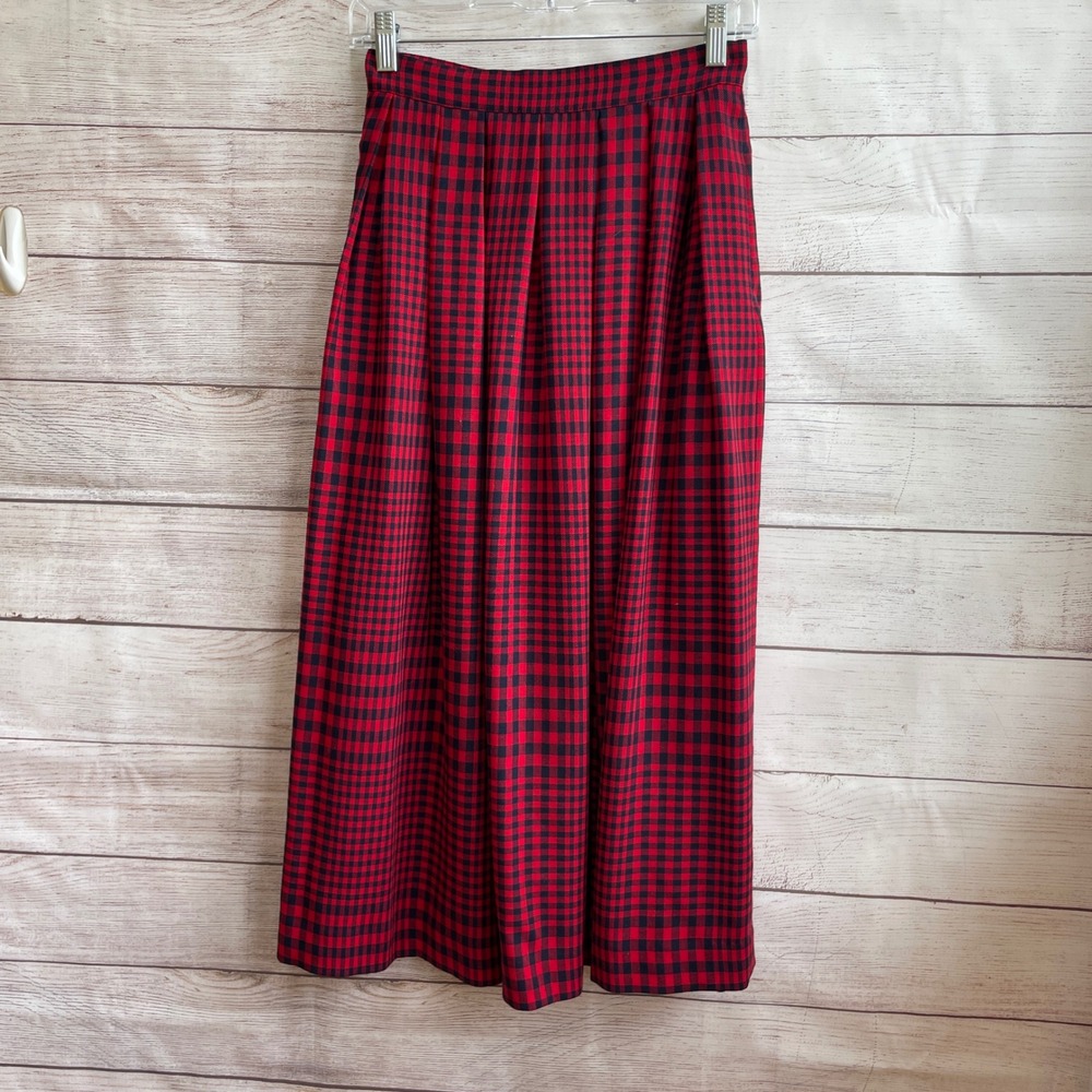 VINTAGE LIZ CLAIBORNE 100% PURE WOOL MIDI SKIRT IN RED AND NAVY BLUE PLAID